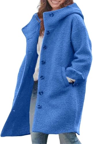 Goolecrimp Damen Winter Einreihig mit Kapuze Langer Abschnitt Strickjacke Tweed Mantel mit Taschen Winter Revers Mittellange Jacke Lässiger geknöpfter Mantel (Blau,M) von Goolecrimp