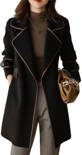 Goolecrimp Damen Winter Elegante Revers Revers Mittellanger Trenchcoat mit Gürtel Trenchcoat Jacke Winter Cardigan PEA Mantel (Schwarz,M) von Goolecrimp