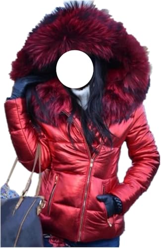 Goolecrimp Damen Winter Glänzend Kunstpelz Kragen Daunenjacke Kurz Warm Schlank Mode Lässig Outdoor Sport Winddicht Verdickt Kapuzen Daunenjacke (Rot,XXL) von Goolecrimp