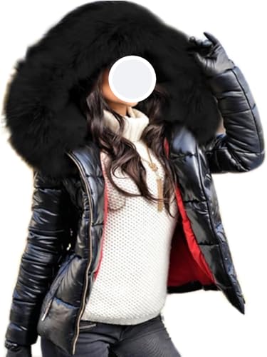 Goolecrimp Damen Winter Glänzend Kunstpelz Kragen Daunenjacke Kurz Warm Schlank Mode Lässig Outdoor Sport Winddicht Verdickt Kapuzen Daunenjacke (Schwarz2,S) von Goolecrimp
