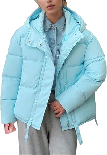 Goolecrimp Damen Winter Kurze Daunenjacke Niedlich Süß Einfarbig Kapuzen Daunenjacke Bequem Flauschig Winddicht Warm (Blau, XL) von Goolecrimp