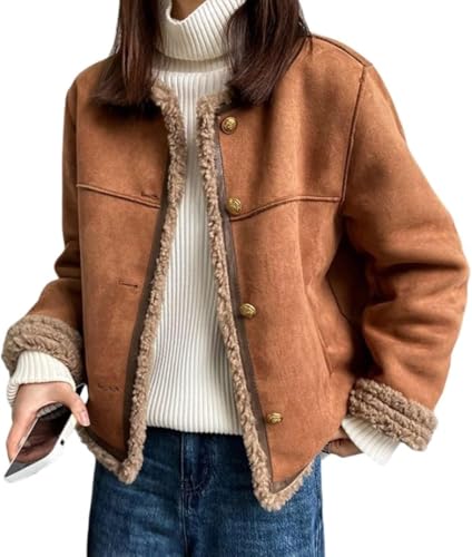 Goolecrimp Damen Winter Plüsch Faux Wildleder Jacke einreihig Mode lässig gepolstert gefüttert Jacke elegant Business warm Rundhalsausschnitt Kurze Jacke (Braun,L) von Goolecrimp
