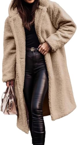 Damen Winter Plüschmantel Modetrend Lockere warme Lange Kapuzenjacke Eleganter Business Casual Knopf Winddichter Langarmmantel (Beige,M) von Goolecrimp