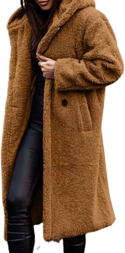 Damen Winter Plüschmantel Modetrend Lockere warme Lange Kapuzenjacke Eleganter Business Casual Knopf Winddichter Langarmmantel (Braun,XL) von Goolecrimp