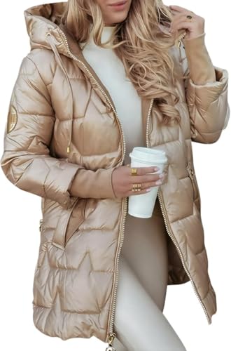 Damen Winter Slim mittellange gepolsterte warme Daunenjacke mit Kapuze Glänzend warmer langer Kapuzenparka Winddichte mittellange Daunenjacke mit Kapuze (Champagner,XXL) von Goolecrimp