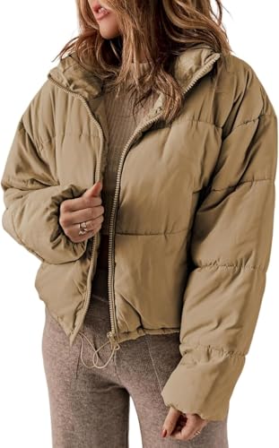 Goolecrimp Damen Winter Steppjacke Leicht Trendy Warm Langarm Voll Reißverschluss Daunen Jacke Lässig Lose Mode Kurze Winterjacke (Khaki,XL) von Goolecrimp
