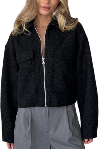 Goolecrimp Damen Winter Tweed Mantel Mode lässig Revers Reißverschluss Kurze Jacke elegant lose Business Büro übergroße Taschen warmen Mantel (Schwarz,L) von Goolecrimp
