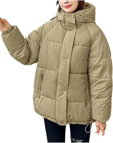 Goolecrimp Damen Winter Übergroße Daunenjacke mit Kapuze Kurz Mit Taschen Winter Warm Wind- Und Schneeparka wasserdichte Warme Steppjacke (Khaki,XXL) von Goolecrimp
