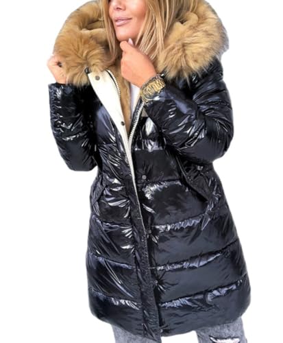 Goolecrimp Damen Winter Warme Glänzende Steppjacke Mit Kapuze Langer Großer Haarkragen Daunenmantel Winter Warm Durchgehender Reißverschluss Leichte Steppjacke Mit Taschen (Schwarz,3XL) von Goolecrimp