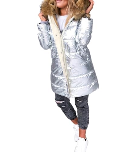 Goolecrimp Damen Winter Warme Glänzende Steppjacke Mit Kapuze Langer Großer Haarkragen Daunenmantel Winter Warm Durchgehender Reißverschluss Leichte Steppjacke Mit Taschen (Silber,L) von Goolecrimp