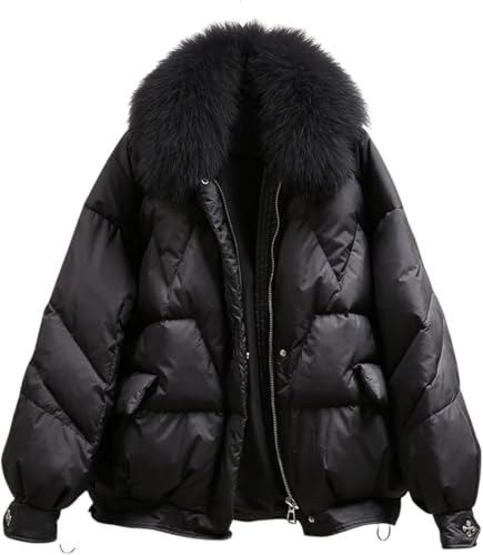 Goolecrimp Damen Winter Warme Verdickte Daunenjacke Haarkragen Locker Glänzender Parkermantel Lässiger Gesteppter Lockerer Langarm-Daunenjackenmantel mit Reißverschluss (Schwarz 1,L) von Goolecrimp