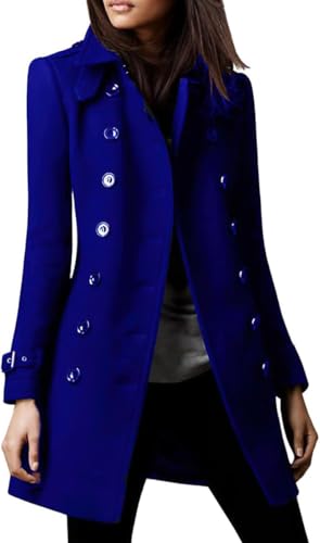 Goolecrimp Damen Winter Zweireiher Wollmantel Retro Mode Slim Business Büro Mantel elegant klassisch leicht lässig Arbeit Revers Mantel (Blau,L) von Goolecrimp