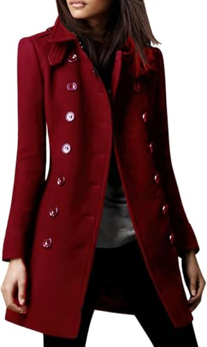 Goolecrimp Damen Winter Zweireiher Wollmantel Retro Mode Slim Business Büro Mantel elegant klassisch leicht lässig Arbeit Revers Mantel (Burgunderrot,L) von Goolecrimp