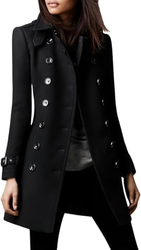 Goolecrimp Damen Winter Zweireiher Wollmantel Retro Mode Slim Business Büro Mantel elegant klassisch leicht lässig Arbeit Revers Mantel (Schwarz,L) von Goolecrimp