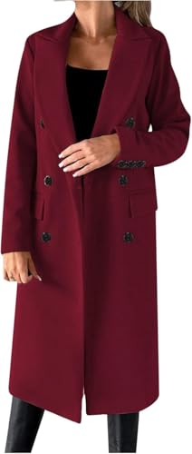 Goolecrimp Damen Wintermantel aus Tweed modische Zweireihige Lange Windjacke eleganter einfarbiger modischer lässiger Warmer Mantel mit Revers (Burgunderrot,M) von Goolecrimp