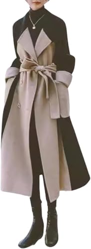 Goolecrimp Damen Wintermantel aus Wollmischung mit zweireihiger Knopfleiste Modischer Business Casual Mantel mit Farbblockierung und Revers Eleganter lockerer Retro Büromantel (Schwarz Khaki,S) von Goolecrimp