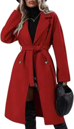Goolecrimp Damen Zweireihige Mittellange Jacke Schnalle PEA Coat Revers Langarm Kordelzug Taille Mittellanger Trenchcoat mit Taschen (Rot,L) von Goolecrimp