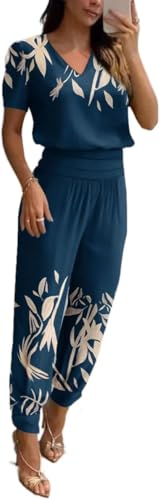 Goolecrimp Damen Zweiteiler Sommer Casual V-Ausschnitt Blumendruck Lange Hosen Set Freizeitanzug Sweatshirt Kurzarm Oberteil Gerade Hose mit weitem Bein (Blau,L) von Goolecrimp