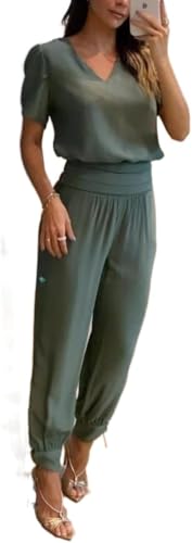 Goolecrimp Damen Zweiteiler Sommer Casual V-Ausschnitt Blumendruck Lange Hosen Set Freizeitanzug Sweatshirt Kurzarm Oberteil Gerade Hose mit weitem Bein (Grün,L) von Goolecrimp