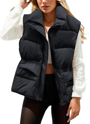 Goolecrimp Damen ärmellose leichte Daunenweste Herbst und Winter Elegante Kurze Weste schlank lässig Mode ärmellos Hundert Basic Daunenwesten (Schwarz,M) von Goolecrimp