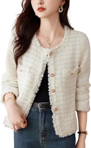 Goolecrimp Damen elegant Tweed Jacke mit Rundhals Ausschnitt und Retro Schlank Koreanische Kurz Jacke mit Mode Trend Business Lässig Einreiher Jacke (Beige,L) von Goolecrimp