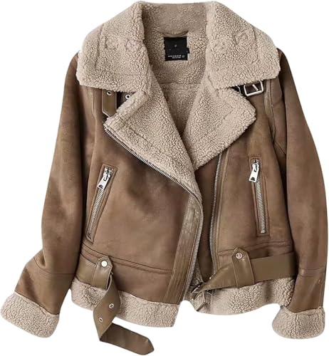 Goolecrimp Damen gepolstert gefüttert warm Wildleder Jacke Winter Retro Revers Biker Jacke Mode lose lässig Outdoor Winddicht Reißverschluss Jacke (Kaffee,XL) von Goolecrimp