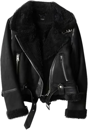 Goolecrimp Damen gepolstert gefüttert warm Wildleder Jacke Winter Retro Revers Biker Jacke Mode lose lässig Outdoor Winddicht Reißverschluss Jacke (Schwarz,M) von Goolecrimp