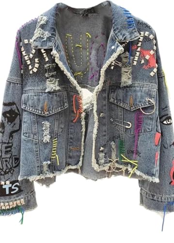 Goolecrimp Damen kurz bestickte Nieten Fransen Punk Jacke Damen Frühling und Herbst Trend Street Graffiti Mode lose lässige Jeans Jacke (Blau,Eine Größe) von Goolecrimp