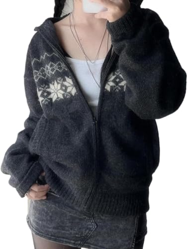 Goolecrimp Damen niedlich Strickpullover Strickjacke Slim Knit Zipper Hoodie Loose Fit Knit Zipper Hoodie Frühling Frühling Retro Streetwear (Schwarz,M) von Goolecrimp