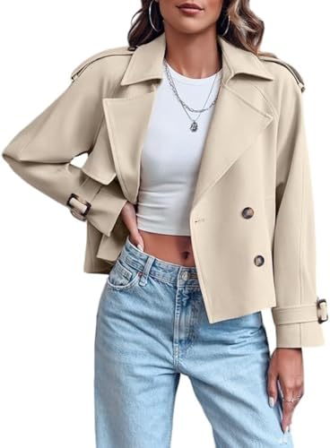 Goolecrimp Damenmode Klassisch Retro Kurz Zweireiher Trenchcoat Frühling Und Herbst Elegant Revers Lässig Lose Langarm Jacke (Aprikose,M) von Goolecrimp