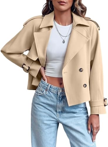Goolecrimp Damenmode Klassisch Retro Kurz Zweireiher Trenchcoat Frühling Und Herbst Elegant Revers Lässig Lose Langarm Jacke (Light Khaki,S) von Goolecrimp