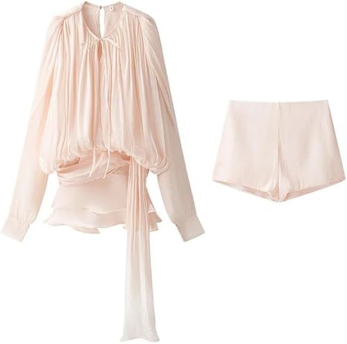 Goolecrimp Damenmode Langarm-Plissee-Kleid mit Krawatte und Shorts mit hoher Taille Set für Party und Clubwear taillenloses Kleid mit unregelmäßigem Saum + Shorts zweiteiliges Set (Rosa,L) von Goolecrimp