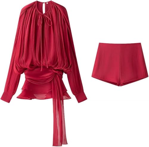 Goolecrimp Damenmode Langarm-Plissee-Kleid mit Krawatte und Shorts mit hoher Taille Set für Party und Clubwear taillenloses Kleid mit unregelmäßigem Saum + Shorts zweiteiliges Set (Rot,S) von Goolecrimp