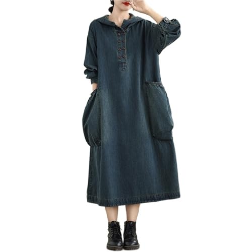 Goolecrimp Damenmode übergroßes mittellanges Jeanskleid mit Kapuze Langen Ärmeln lockerer Passform großen Taschen Kleider für viele Anlässe Hochzeiten Cocktailpartys (Blau,XXL) von Goolecrimp