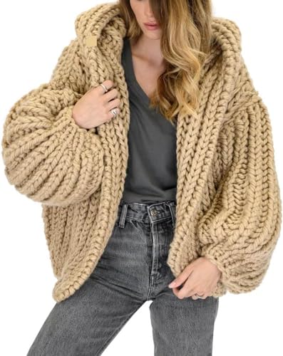 Goolecrimp Dicker Damen Strick Cardigan mit Kapuze Lässiger lässiger modischer Pullover Übergroßer kurzer grober Zopfmuster Cardigan (Khaki,Einheitsgröße) von Goolecrimp