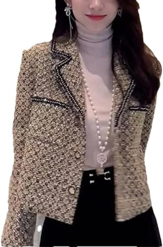 Goolecrimp Eleganter Slim-Fit Business-Blazer für Damen mit Reverskragen Kurze Bürojacke im Chanel-Stil Geeignet für formelle Anlässe und Partys (Khaki,XXL) von Goolecrimp