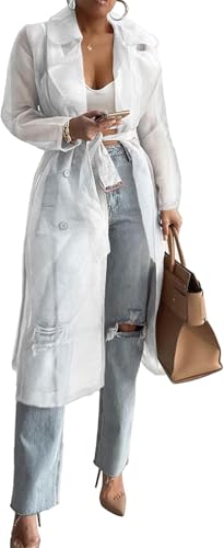 Goolecrimp Eleganter Trenchcoat für Damen Durchsichtiger Trenchcoat aus Tüll Mesh Organza Langer zweireihiger Cardigan mit Schlitz am Revers und Schnürung (Weiß,S) von Goolecrimp