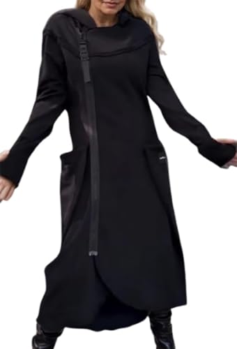 Goolecrimp Frauen Frühling und Herbst Seite Reißverschluss überdimensioniert Hoodie Mode lässig lose Lange Hoodie leichtes unregelmäßiger Saum Lange Jacke (Schwarz,XL) von Goolecrimp