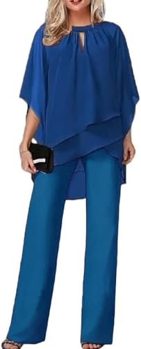 Goolecrimp Frauen Frühling und Herbst Zweiteilige Mutter der Braut Kleider Arbeit Anzug Hochzeit Gast Party Anzug lässig unregelmäßig Chiffon weiten Bein Hosen Set (Blau,L) von Goolecrimp