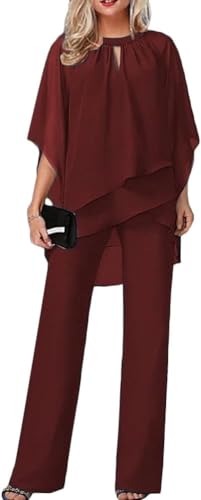 Goolecrimp Frauen Frühling und Herbst Zweiteilige Mutter der Braut Kleider Arbeit Anzug Hochzeit Gast Party Anzug lässig unregelmäßig Chiffon weiten Bein Hosen Set (Rot,M) von Goolecrimp