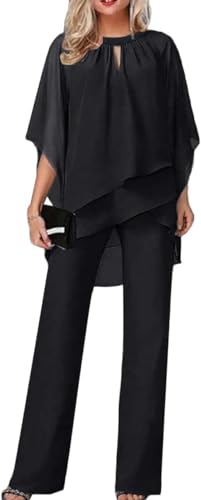 Goolecrimp Frauen Frühling und Herbst Zweiteilige Mutter der Braut Kleider Arbeit Anzug Hochzeit Gast Party Anzug lässig unregelmäßig Chiffon weiten Bein Hosen Set (Schwarz,XXL) von Goolecrimp