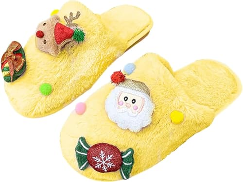 Goolecrimp Frauen Niedlich 3D Weihnachten Muster Dekoration Plüsch Hausschuhe Herbst Und Winter Warm Innen Und Außen Rutschfest Urlaub Plüsch Hausschuhe (Gelb,36-37) von Goolecrimp