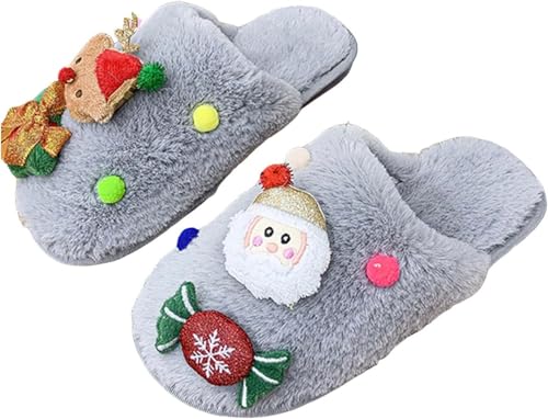 Goolecrimp Frauen Niedlich 3D Weihnachten Muster Dekoration Plüsch Hausschuhe Herbst Und Winter Warm Innen Und Außen Rutschfest Urlaub Plüsch Hausschuhe (Grau,38-39) von Goolecrimp