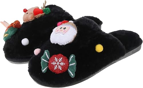Goolecrimp Frauen Niedlich 3D Weihnachten Muster Dekoration Plüsch Hausschuhe Herbst Und Winter Warm Innen Und Außen Rutschfest Urlaub Plüsch Hausschuhe (Schwarz,38-39) von Goolecrimp