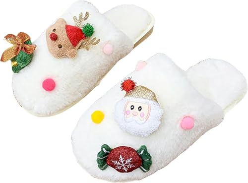 Goolecrimp Frauen Niedlich 3D Weihnachten Muster Dekoration Plüsch Hausschuhe Herbst Und Winter Warm Innen Und Außen Rutschfest Urlaub Plüsch Hausschuhe (Weiß,40-41) von Goolecrimp