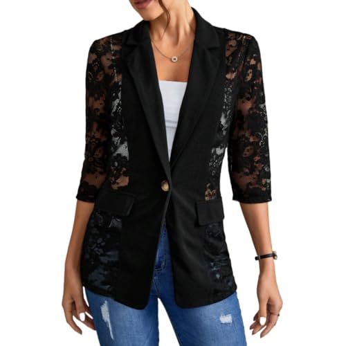 Goolecrimp Frauen zerquetschte Spitze Mesh Blazer Spitze Patchwork Sieben Ärmel Blazer 2024 Sommer Leichte Sieben Ärmel Revers Arbeit Büro Jacke (Schwarz,M) von Goolecrimp
