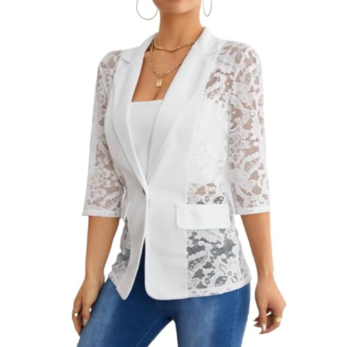 Goolecrimp Frauen zerquetschte Spitze Mesh Blazer Spitze Patchwork Sieben Ärmel Blazer 2024 Sommer Leichte Sieben Ärmel Revers Arbeit Büro Jacke (Weiß,XXL) von Goolecrimp