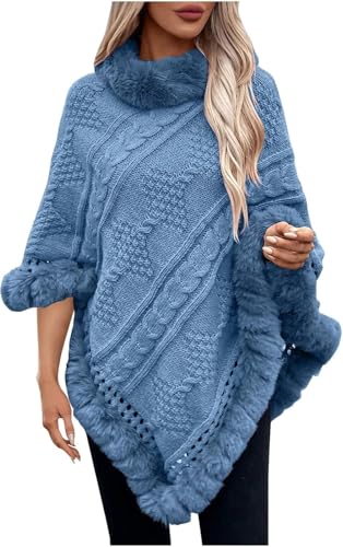 Goolecrimp Gestrickter Cape mit Stehkragen und unregelmäßigem Saum für Damen Modetrendiger Pulloverschal in Volltonfarbe Eleganter schicker klassischer Cape für Herbst und Winter (Blau,Einheitsgröße) von Goolecrimp