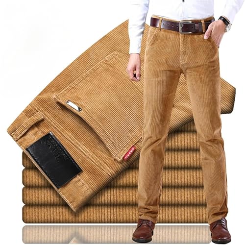 Goolecrimp Herren Cordhose mit klassischer Passform gerader Schnitt Herbst & Winter schmal bequem locker dehnbar gerade Anzughose reguläre Passform Cordhose (Khaki,34) von Goolecrimp