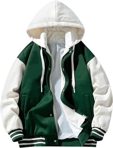 Goolecrimp Herren Herbst Mode Knopf mit Kapuze Varsity Baseball Jacke Casual Sport Baseball Jacke Hoodie Langarm lose Baseball Jacke (Grün,M) von Goolecrimp
